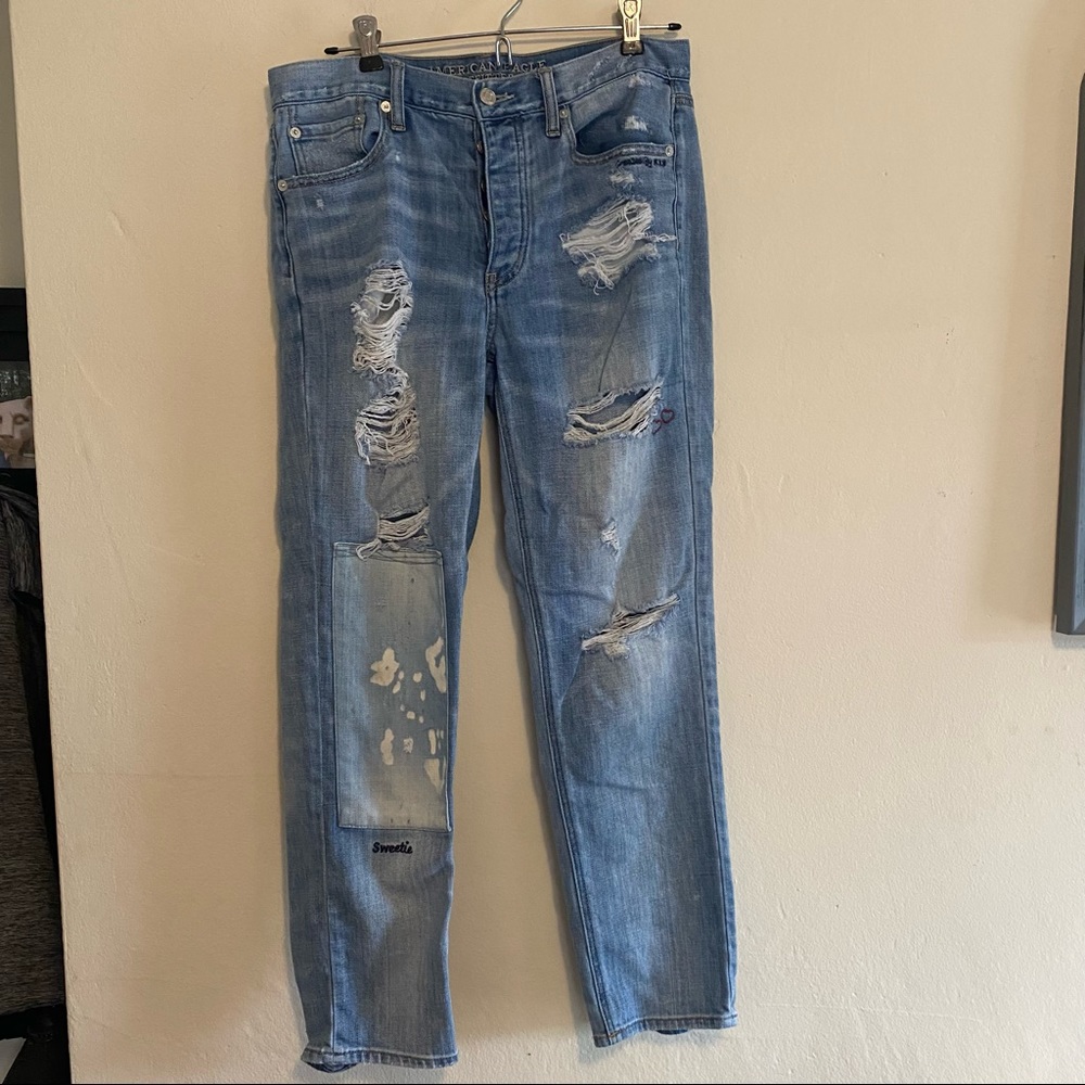Distressed patchwork jeans